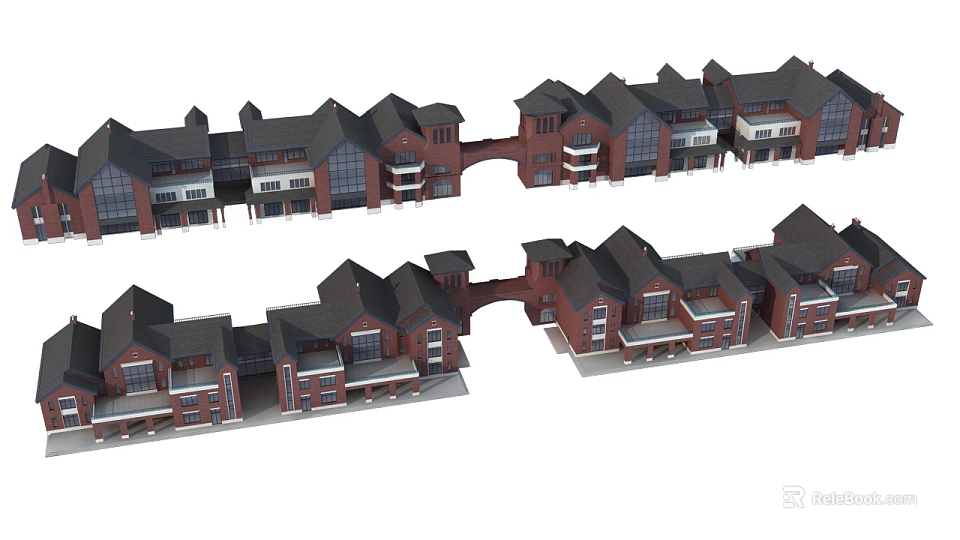 Commercial Complex Red Brick Buildings With Connected Structures And Dark Roofs 3d model