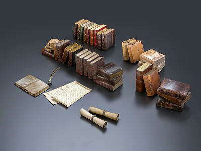 Vintage Collection Of Old Books Scrolls And Stacked Volumes With Open Pages 3d model