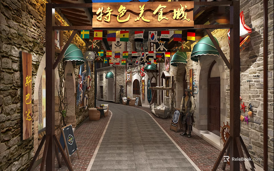 Vibrant Commercial Street Featuring Specialty Food Stone Walls Green Awnings and Colorful Flags 3d model 