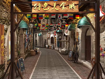 Vibrant Commercial Street Featuring Specialty Food Stone Walls Green Awnings and Colorful Flags 3d model