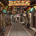 Vibrant Commercial Street Featuring Specialty Food Stone Walls Green Awnings and Colorful Flags