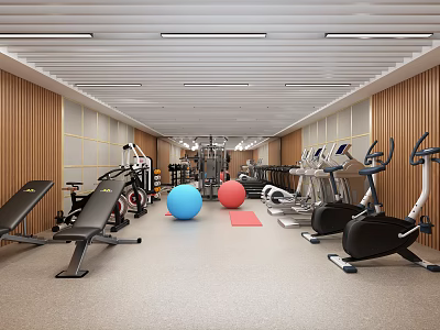 Modern Gym Fitness Center With Treadmills Elliptical Machines Dumbbells And Exercise Balls 3d model