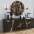 Modern Console Cabinet With Black Gold Accents Decorative Mirror Wall Sconces And Sculptures