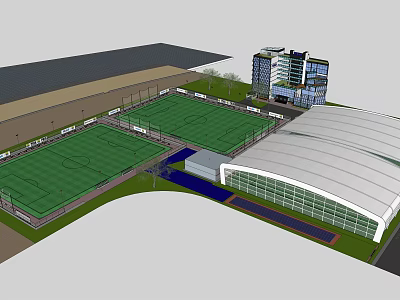 Modern Sports Complex Featuring Two Green Fields White Roofed Structure And Tall Buildings 3d model