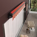 Modern Villa Balcony With Red Awning White Sofa Coffee Table And Green Plants