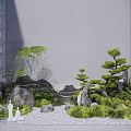 Japanese Courtyard Garden With Rock Formations Lush Plants Two White Figurines And Sunlight Shadows