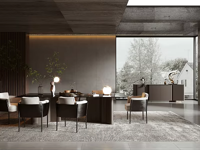 Elegant Modern Restaurant Interior With Marble Dining Table And Pendant Lights 3d model