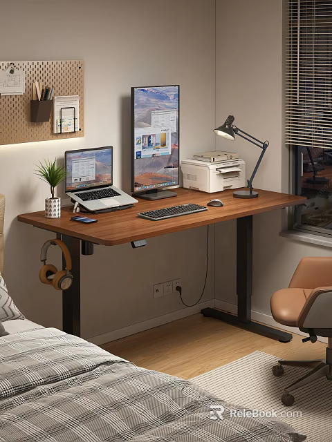 Wooden Adjustable Height Desk With Laptop Monitor Printer Lamp Smartphone And Potted Plant 3d model 