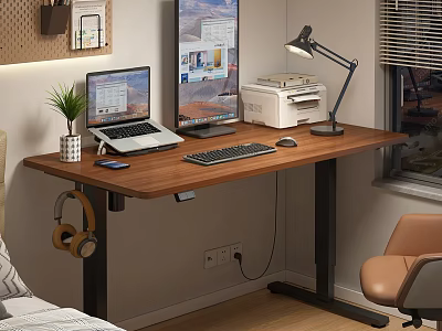 Wooden Adjustable Height Desk With Laptop Monitor Printer Lamp Smartphone And Potted Plant 3d model