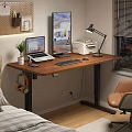 Wooden Adjustable Height Desk With Laptop Monitor Printer Lamp Smartphone And Potted Plant