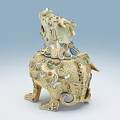 Traditional Mythical Beast Sculpture Carving with Intricate Celadon Gold Blue Patterns and Ornate Details