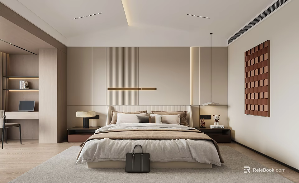 Modern Bedroom Interior Design With Neutral Tones Platform Bed Bedside Lamps And Wooden Wall Art 3d model 