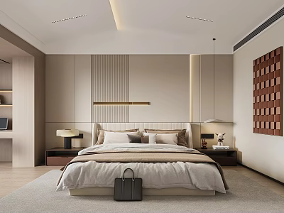 Modern Bedroom Interior Design With Neutral Tones Platform Bed Bedside Lamps And Wooden Wall Art 3d model