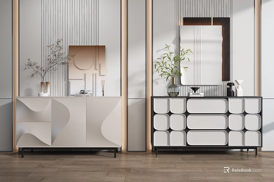 Modern Console And Side Cabinet Design With Decorative Plants Mirror And Vase In Entryway 3d model 