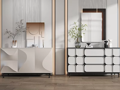 Modern Console And Side Cabinet Design With Decorative Plants Mirror And Vase In Entryway 3d model