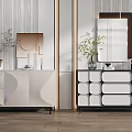 Modern Console And Side Cabinet Design With Decorative Plants Mirror And Vase In Entryway