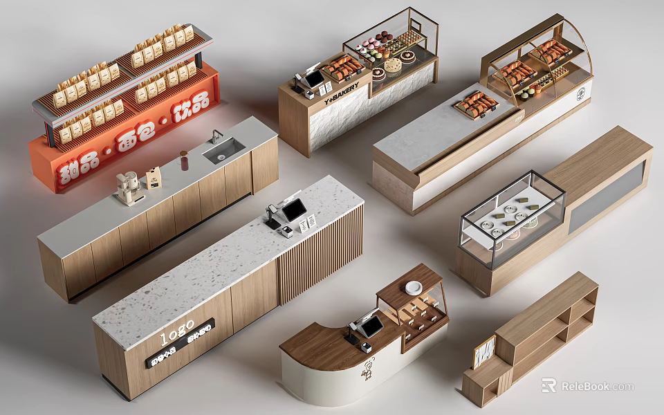 Modern Bar Counter Designs With Wooden And Marble Countertops And Display Cases 3d model 