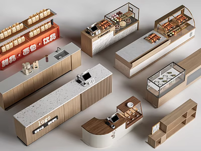 Modern Bar Counter Designs With Wooden And Marble Countertops And Display Cases 3d model