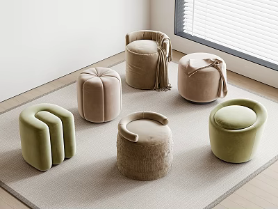 Modern Minimalist Living Room With Multiple Colored Velvet Stools On Beige Carpet 3d model