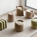 Modern Minimalist Living Room With Multiple Colored Velvet Stools On Beige Carpet