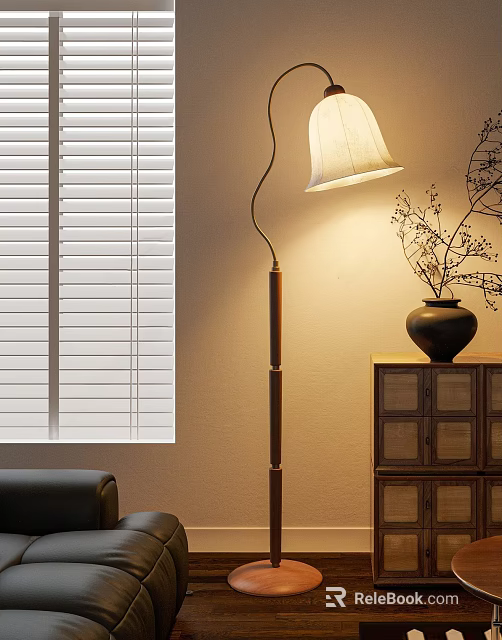 Floor Lamp with Beige Shade in Interior Near Window Blinds Wooden Cabinet Vase and Twigs 3d model 
