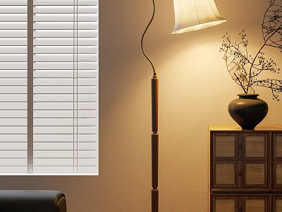 Floor Lamp with Beige Shade in Interior Near Window Blinds Wooden Cabinet Vase and Twigs 3d model