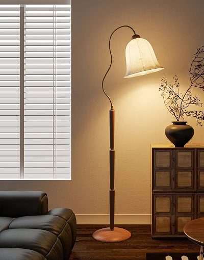 Floor Lamp with Beige Shade in Interior Near Window Blinds Wooden Cabinet Vase and Twigs 3d model