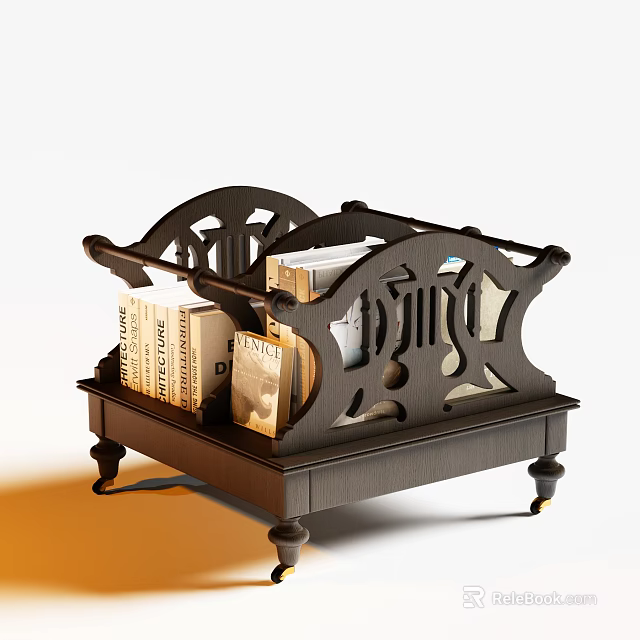 Vintage Wooden Bookshelf With Ornate Carved Design And Stacked Books On Legs 3d model 