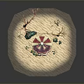 Decorative Miniature Scene With Pink Structure White Sphere Red Coral Green Foliage Sand And Stones