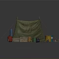 Camping Tent Setup With Green Canopy Buckets Crates Planks And Bottles