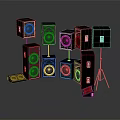 Various Black Audio Speakers In Different Sizes And Shapes On Stands And Floor