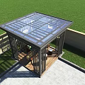 Modern Outdoor Pavilion With Metal Frame Grid Roof And Garden Greenery