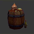 Wooden Barrel With Burning Skull Leather Pouch And Green Bottle