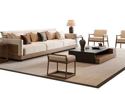 Modern Natural Living Room Sofa Coffee Table Set With Pillows Chairs Lamp And Rug 3d model