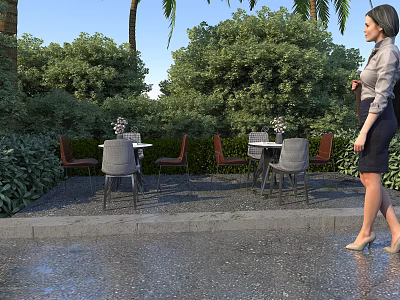 Scenic Outdoor Landscape Seating With Green Trees Tables And Garden Paved Ground 3d model
