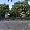 Scenic Outdoor Landscape Seating With Green Trees Tables And Garden Paved Ground