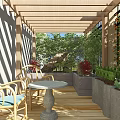 Serene Garden Landscape With Wooden Pergola Black Iron Fence Pebble Stone Floor And Outdoor Seating
