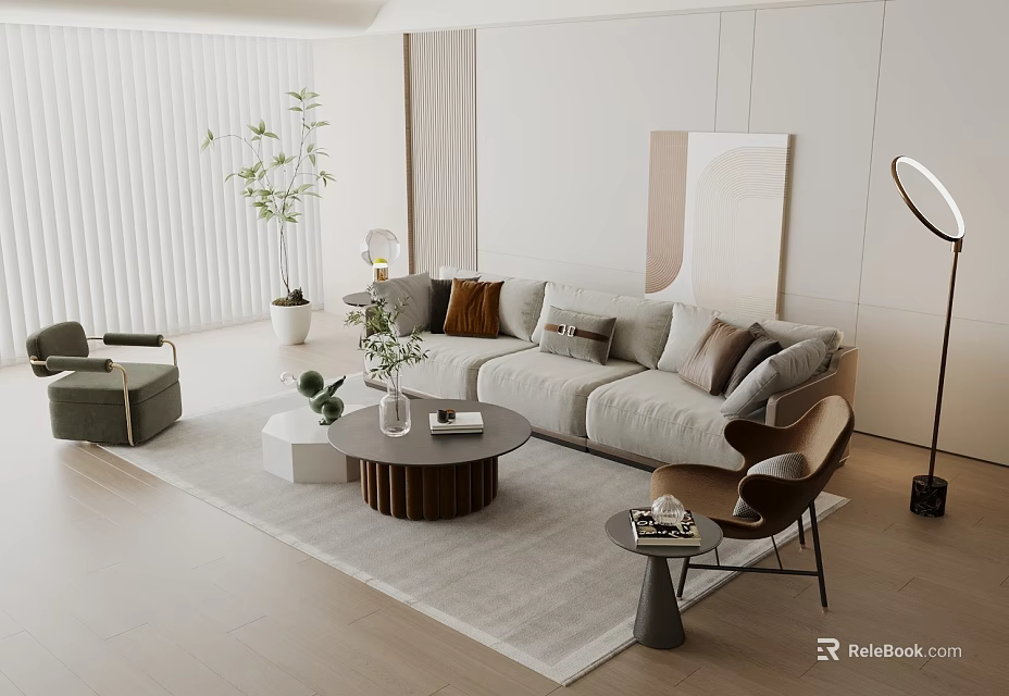 Modern Living Room With Beige Sofa Cushions Round Coffee Table Green Plants And Floor Lamp 3d model 
