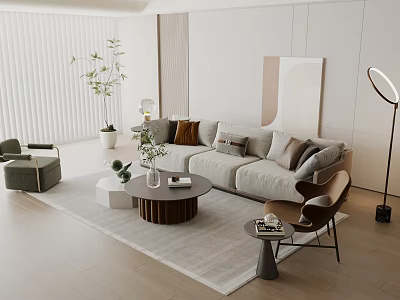 Modern Living Room With Beige Sofa Cushions Round Coffee Table Green Plants And Floor Lamp 3d model