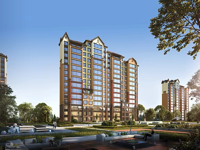 Modern High Rise Residential Building With Green Landscape And Outdoor Seating Area 3d model