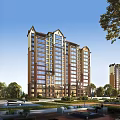 Modern High Rise Residential Building With Green Landscape And Outdoor Seating Area