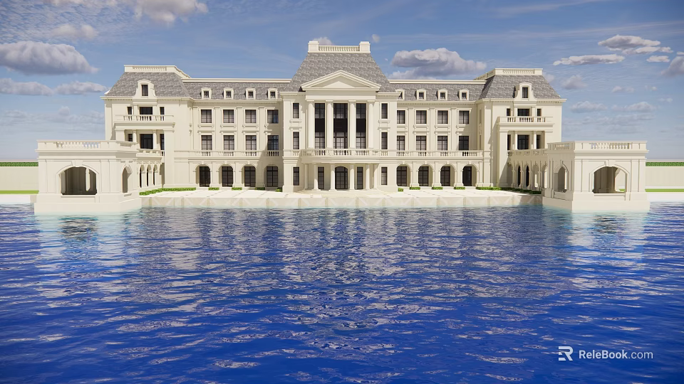 Grand Classical Sales Office Building With Symmetrical Design And Front Water Pool Under Blue Sky 3d model 