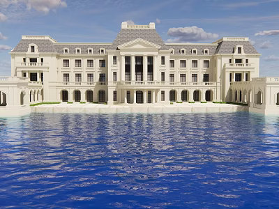 Grand Classical Sales Office Building With Symmetrical Design And Front Water Pool Under Blue Sky 3d model