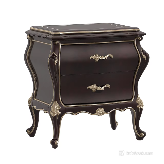 Classical Ornate Nightstand With Gold Accents Dark Wood Finish And Two Drawers 3d model 