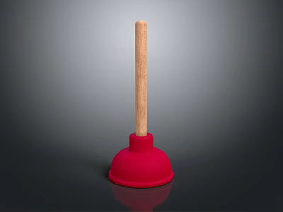 Red Rubber Plunger With Wooden Handle For Home Bathroom Cleaning Tools 3d model