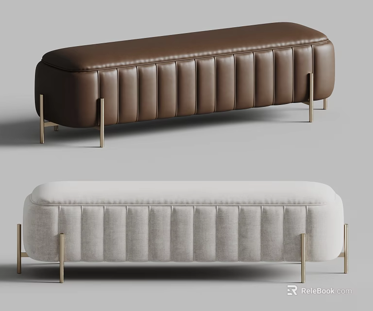 Elegant Modern Sofa Bench In Brown And White With Tufted Design And Metal Legs 3d model 