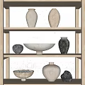 Minimalist Ceramic Vessels Including Vases And Bowl On Wooden Shelves With Neutral Tones