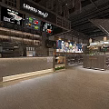 Modern Restaurant Interior Design With Open Counter Glass Display Cases And Menu Screens