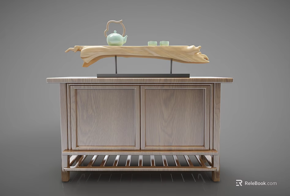 Wooden Decorative Cabinet With Two Doors Slatted Base And Green Teapot On Top 3d model 