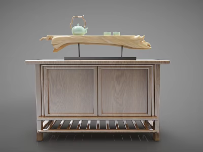 Wooden Decorative Cabinet With Two Doors Slatted Base And Green Teapot On Top 3d model